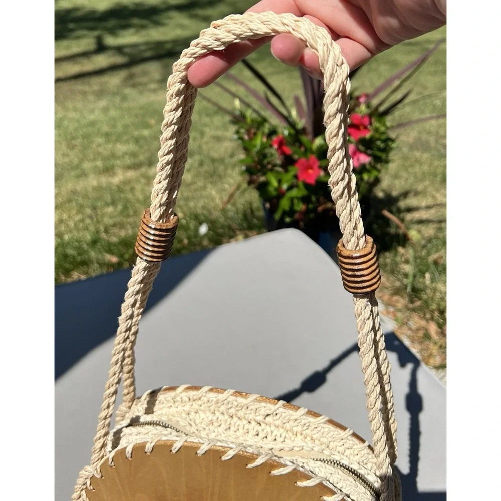 Vintage 60s Walborg Straw Rope Bag Shoulder‎ Bag Wooden Base Boho Cottagecore